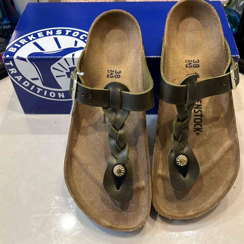 Birkenstock Gizeh Olive Green Braided Leather Sandals